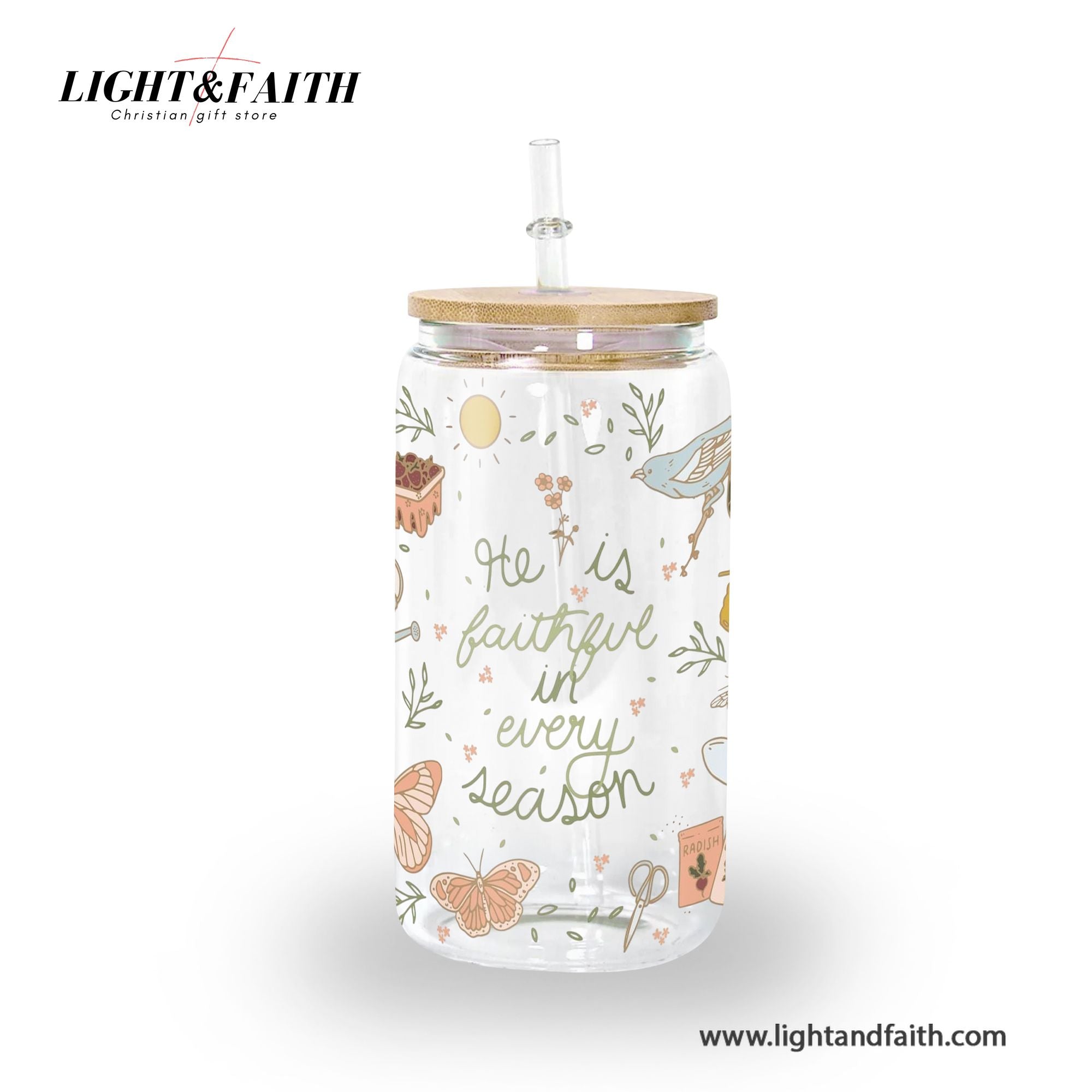 Christian Glass Can with Bamboo Lid and Straw, He Is Faithful in Every Season Cup, Scripture Floral Iced Coffee Tumbler Gift GCLAF38